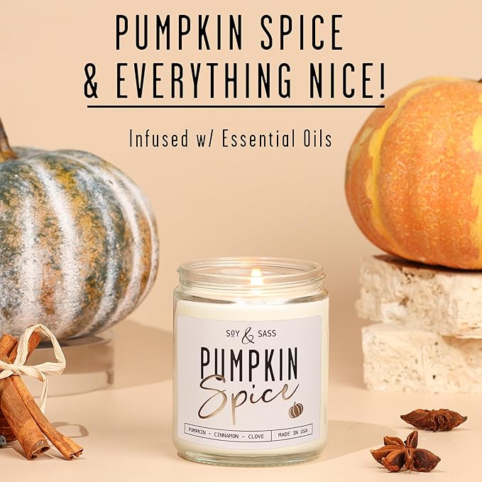 Pumpkin Spice Candle, Fall Candles - 'Pumpkin Spice' Pumpkin Candle I Infused w/Essential Oils I Autumn Scented Soy Candles for Home I Fall Home Décor I 9oz Reusable Jar, 50Hr Burn, Made in USA