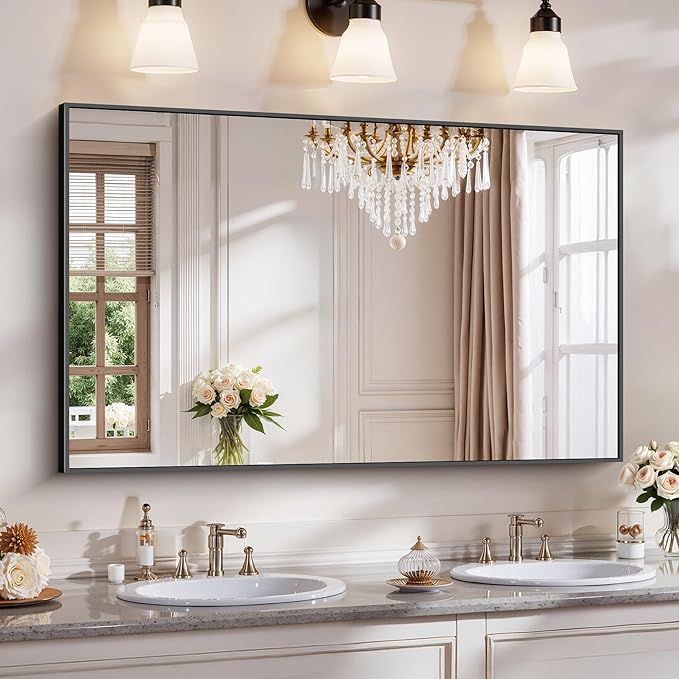 YIROMAN Bathroom Mirror 50"x30", Large Matte Black Bathroom Mirror for Over Sink with Aluminum Frame, Rectangular Vanity Mirror with Right Angle, Wall Mirror Hangs Horizontal or Vertical, Shatterproof