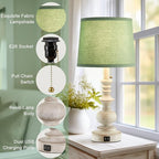 22'' Farmhouse Lamps for Bedrooms Set of 2 Bedside Lamps for Nightstand with USB Charging Ports Traditional Boho Table Lamps for Living Room Study Room,Green Shade,Bulbs Not Included