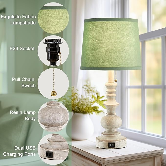22'' Farmhouse Lamps for Bedrooms Set of 2 Bedside Lamps for Nightstand with USB Charging Ports Traditional Boho Table Lamps for Living Room Study Room,Green Shade,Bulbs Not Included
