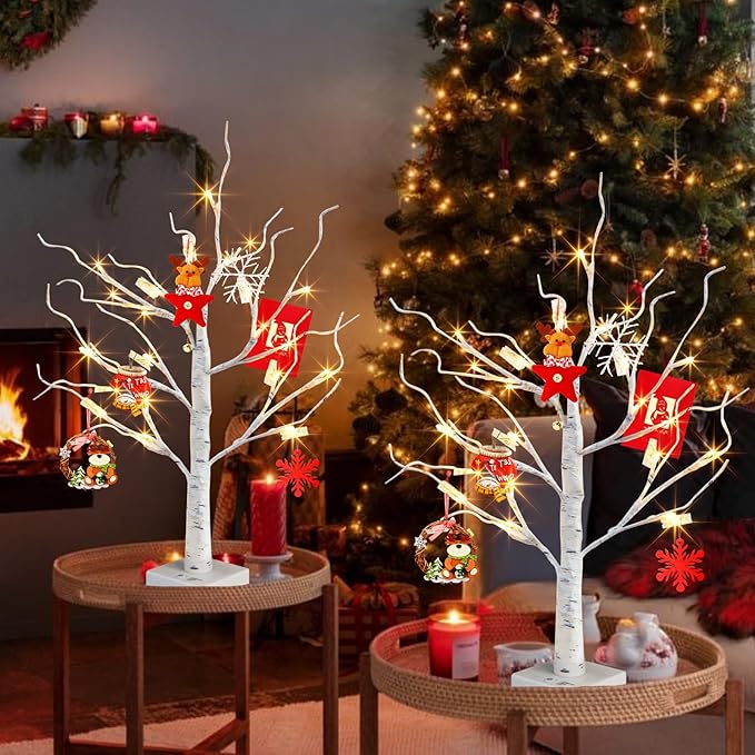 PABIPABI Money Tree Gift Holder, Set of 2 Birch Tree with 12 Clear Clips, Battery/USB Powered Timer Tabletop Trees for Home Party, Christmas, Wedding, Birthday Graduation (Warm White)