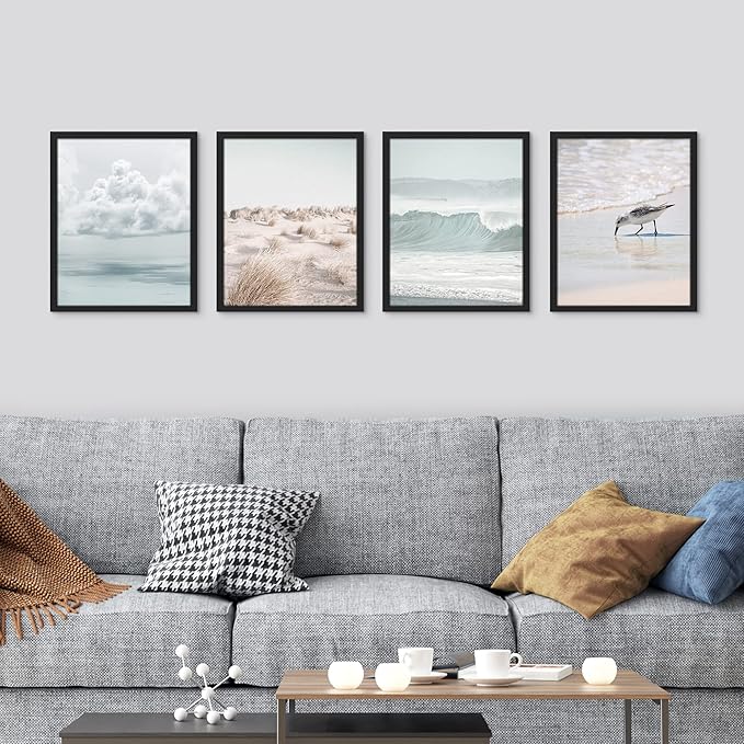 SIGNWIN Framed White Nautical Ocean Sea Beach Grass Seagull Wall Art, Set of 4 Landscape Colorful Wall Decor Prints, Nature Wilderness Wall Décor for Living Room, Bedroom - 12"x16" Black