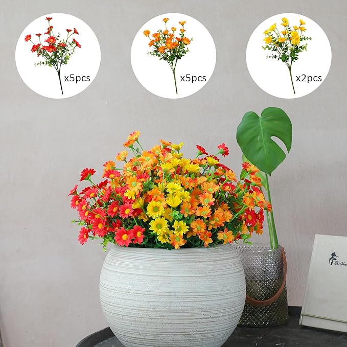 Fake Mums Artificial Flowers – 12 Bundles Fall Flowers for Outdoor Orange Display, Faux Chrysanthemums UV Resistant Silk Plants for Porch, Patio, Garden, Thanksgiving Decor (Red 5, Orange 5, Yellow 2)