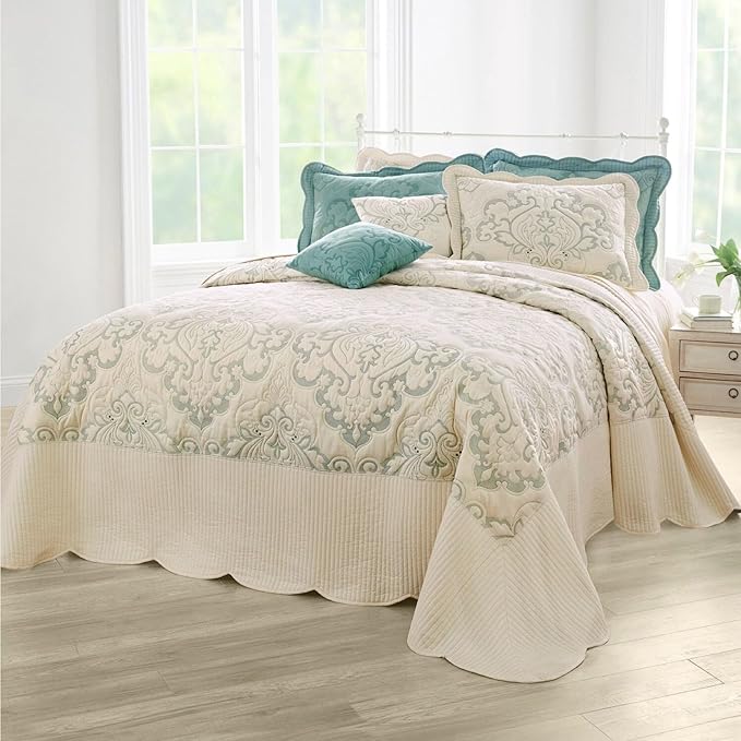 BrylaneHome Bedding Lightweight All Season Modern Amelia Quilted Damask Oversized Ultra Soft Bedspread - Queen, Ivory Seaglass