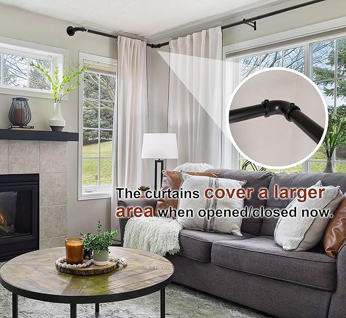 Industrial Curtain Rods for Windows 48 to 84, Wrap Around Blackout Curtain Rod,Heavy Duty Curtain Rods 2 Pack,1 Inch Outdoor Drapery Rods, Rustic Pipe Adjustable Drapery Pole 48-84 Inch,Black