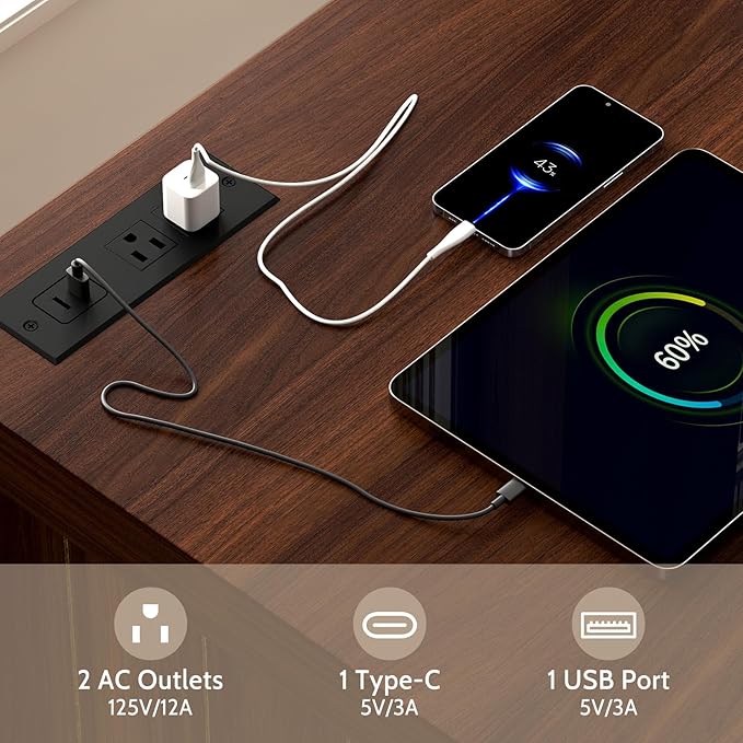 Farmhouse End Table with Charging Station, 24" Large Side Table with Open Shelf and Storage Cabinet, Wood Square Bedside Table Nightstand for Living Room, Bedroom (Espresso)