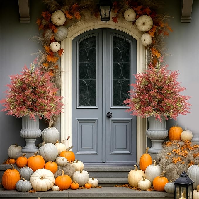 Artificial Topiary Ball Trees with Ground Spikes UV Resistant Faux Greenery Shrubs Fake Shrubs for Outdoors, Realistic Faux Plants Bushes for Garden Porch Yard Patio Decor (Red Green Cedar)