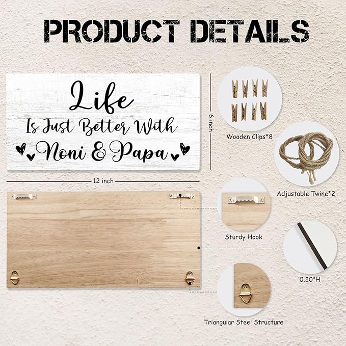 Grandparent Gifts Picture Frame Photo Holder for Wall, Noni Papa Gifts from Grandchildren Granddaughter Grandkids, Grandmother Grandfather Gift, Grandparent's Day Hanging Photo Display