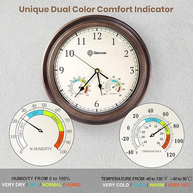 Geevon 14 Inch Retro Wall Clocks Battery Operated with Hygrometer and Thermometer Combo, Silent Wall Clock Non-Ticking Quartz Decorative for Kitchen Living Room School Bedroom