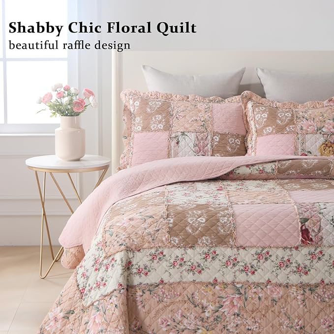 Yvooxny Quilts California King Patchwork Pink Floral Quilt Set Vintage Shabby Chic Botanical Quilted Bedspread 3-Piece Quilt Set with Ruffles for All Seasons, California King, 118 * 110 Inches