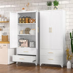 Kitchen Pantry Cabinet, 75" Tall Metal Pantry Cabinet with Two Drawers, Food Cupboards with Doors and Shelves, Freestanding Storage Cabinets for Dining, Living Room, White, Assemble Required