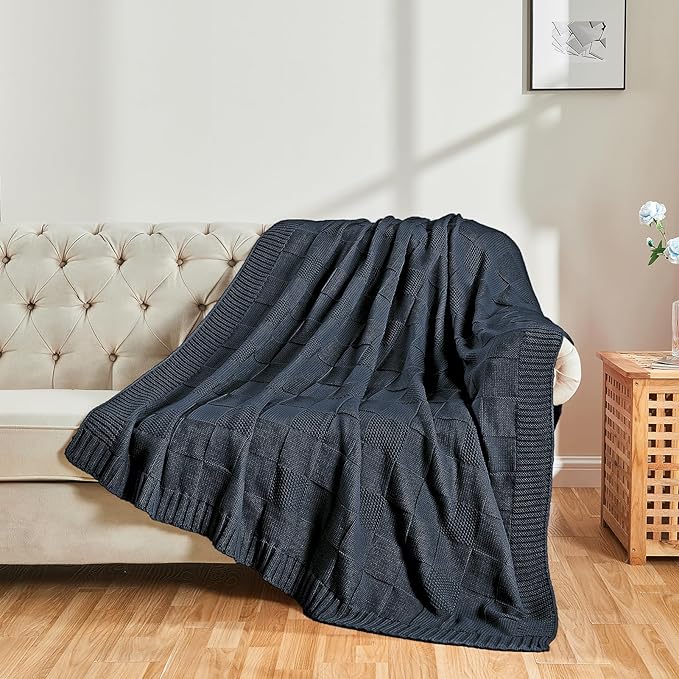 CozeCube Check Knit Throw Blanket, Midnight Navy Checkered Throw for Couch, Decorative Christmas Soft Cozy Warm Knitted Blanket for Bed Sofa Living Room, 50"X60"