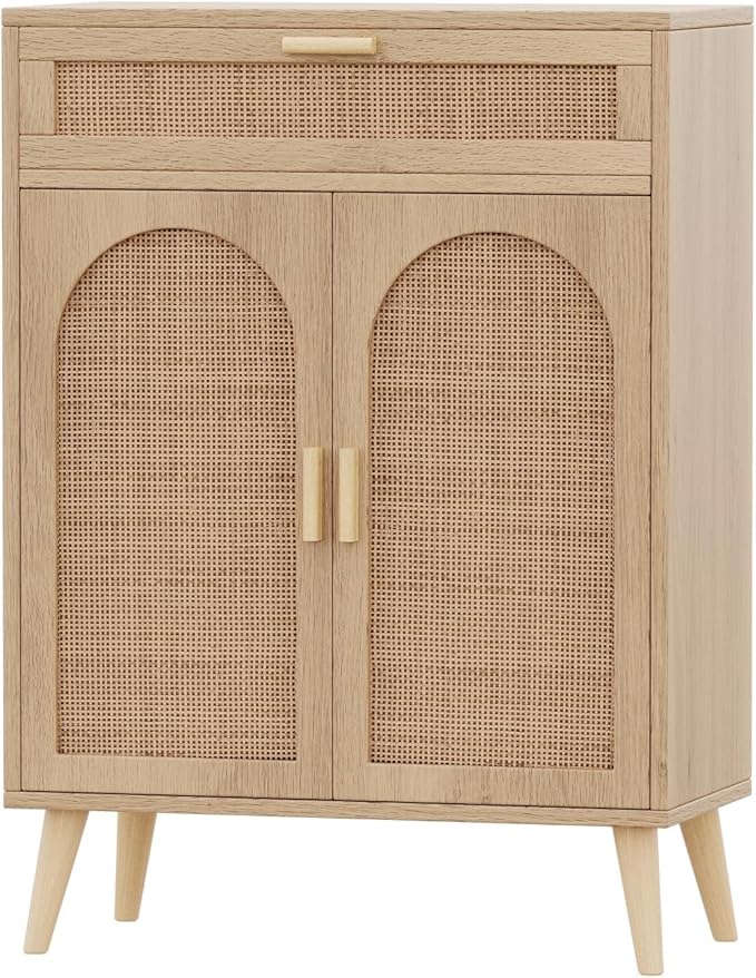 Irontar Rattan Buffet Sideboard Cabinet with Storage, Coffee Bar, Boho Credenzas with Drawer, Kitchen Storage Cabinet, Accent Cabinet with Doors for Hallway, Living Room, Dinning Room, Natural