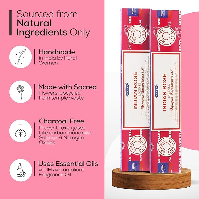 Satya Indian Rose Incense Sticks 180 gm (15GM X 12 Pack) from Satya Sai Baba Nag Champa and Raajsee Incense Sticks Holder Bundle, Free from Chemicals,Natural Insenses