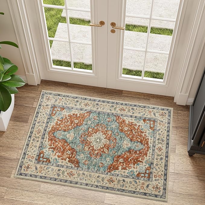 Topllen Entryway Rug - 2'x3' Boho Soft Low Pile Washable Area Rug, Non-Slip Small Rugs Indoor for Front Door Entrance Kitchen Bathroom, Vintage Carpet Stain Resistance (Rust, 2x3ft)