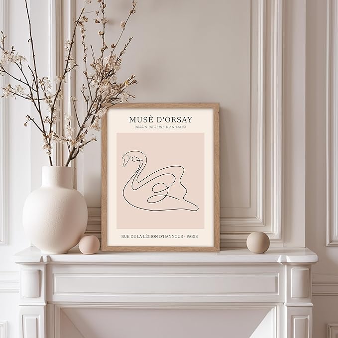 Poster Master Vintage Poster - Retro One Line Swan Drawing Print - Swan Art - Bird Art - Minimal Gift for Her, Animal Lover - Abstract Decor for Home, Office, Bedroom, 8x10 Beige Framed