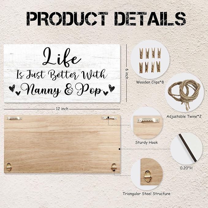 Grandparents Gifts Picture Frame Photo Holder for Wall, Papa Gifts from Grandkids, Gifts for Nanny and Pop from Granddaughter Grandson Grandkids, Best Nana Papa Gifts Hanging Photo Display