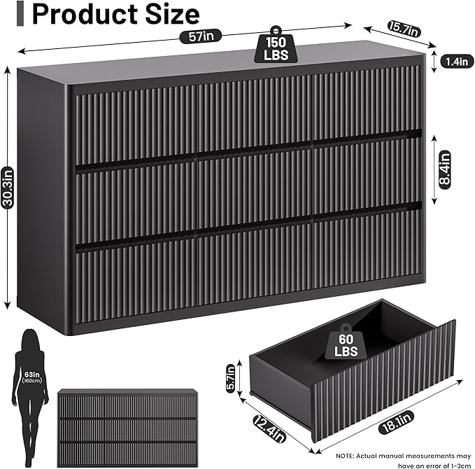 Black 9 Drawers Dressers for Bedroom, 57" Large Chest of Drawers with Handleless, Curved Profile, Modern Flute Dresser TV Stand, Wooden Closet Clothes Storage Organizer for Living Room