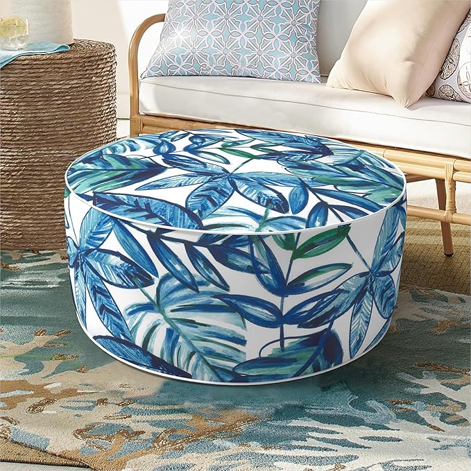 Inflatable Ottoman Stool D21 xH9 for Outdoor/Indoor Use, Water Repellent Patio Foot Rest Stool with Portable Handle,Round Pouf Ottoman Suitable for Garden,Deck and Camping - Leaves Ink Blue
