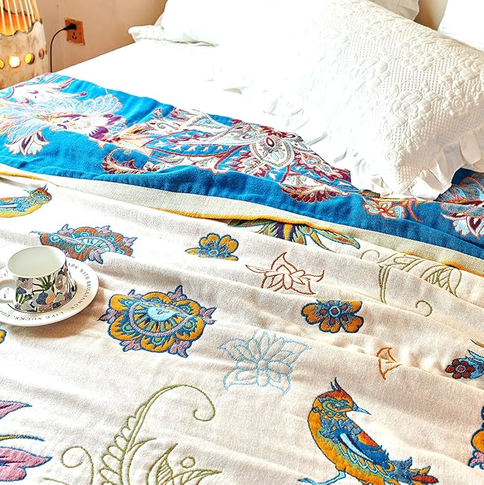 Boho Throw Blanket, 100% Organic Cotton Breathable Ultra Soft Bed Quilt Throw - All Season Floral Bird Butterfly Farmhouse Decor Blanket for Sofa Couch Chair and Gift. 50" x 60"