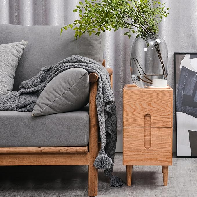 Mid Century Modern Nightstand, Narrow Nightstand, Minimalist Side Table for Bedroom, 2-Drawer Bedside Tables, (Natural, 9.84inches)