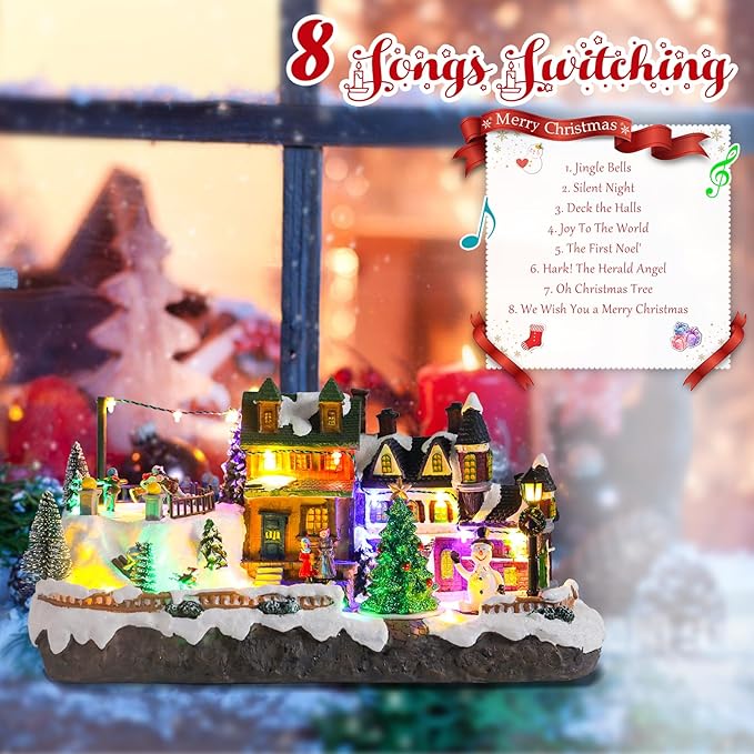 taman Christmas Village Houses - Musical Skiing Collectible Buildings with Rotating Xmas Tree Ornaments for Holiday Decorations