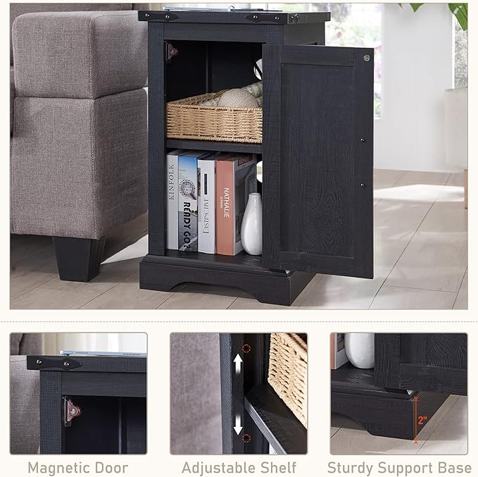 JXQTLINGMU Nightstand with Charging Station, Rectangular Farmhouse End Table with Barn Door and Adjustable Storage Shelf, 17" Deep Wood Rustic Sofa Side Table for Living Room, Bedroom, Black