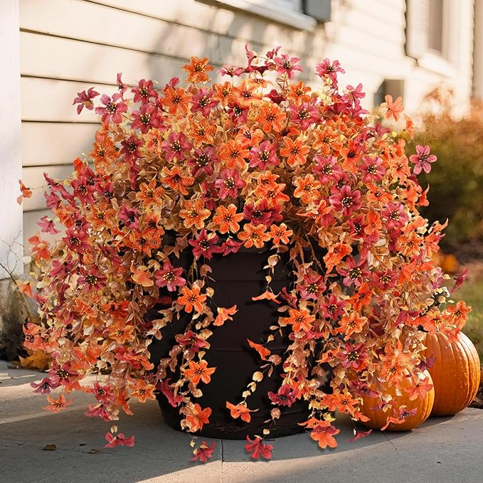 Artificial Faux Mums Fall Flowers for Outdoor Autumn Decoration,2 PCS Fake Silk Daisy Flowers Plant Eucalyptus Leaves Realistic UV Resistant for Front Porch Patio Balcony Yard Home Decor(Orange Brown)