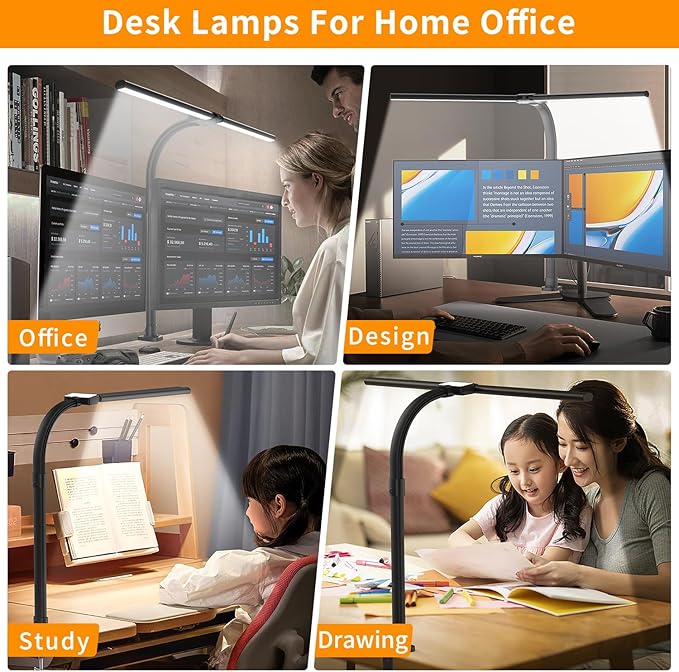 LED Desk Lamp for Home Office - 24W Bright Double Head Desk Light with Clamp Eye Caring Architect Task Light 25 Lighting Modes Adjustable Flexible Gooseneck Lamp