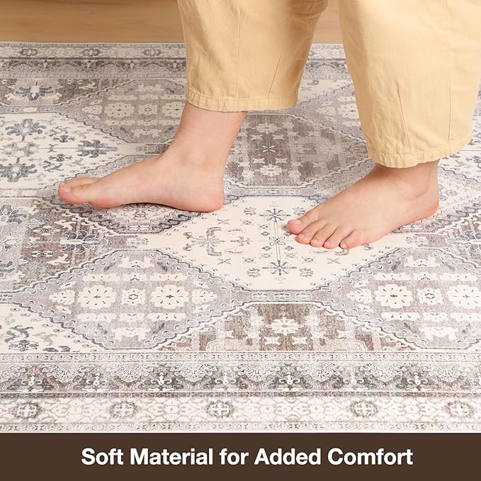 Floor Mat for Home 5×7ft, Easy Clean Plastic Rug-Like Pattern Area Mat for Living Room, Waterproof Vinyl Area Rug for Under Kitchen Table, No Slip Soft Vintage Rug for High Traffic Area (White)