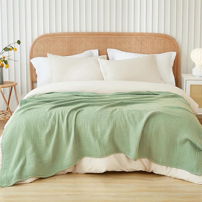 EMME Cotton Muslin Blanket King Size - Soft, Breathable Layering Blanket, 108"x90", All Season Gauze, Sage Green