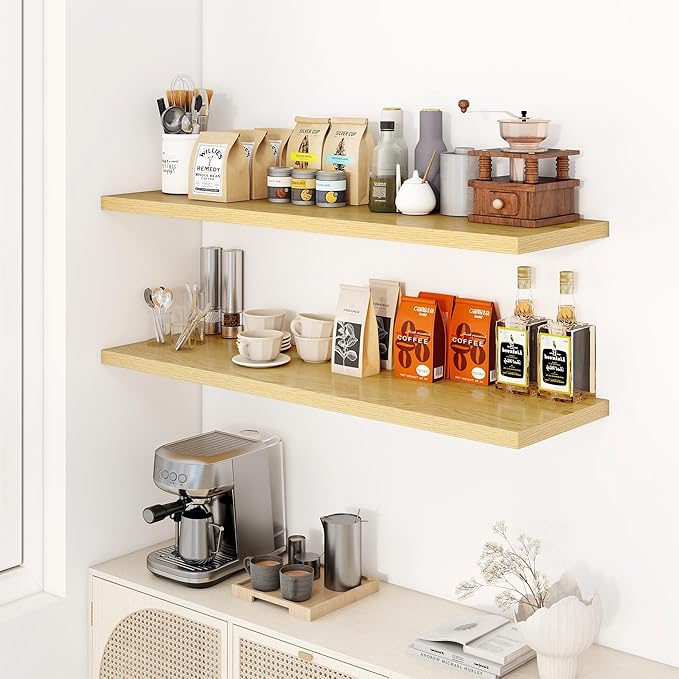 Dreamland 48" Floating Shelves for Wall, 12" Deep Slim Oak Floating Shelves, Wall-Mounted Shelves for Bedroom, Living Room, Kitchen, Bathroom - Set of 2
