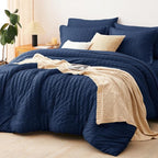 CozyLux King Size Comforter Set Navy Blue Seersucker 7 Pieces Bed in a Bag King Comforter Set with Sheets, Luxury Bedding Set with Down Alternative Comforter, Sheets, Pillowcases & Shams All Seasons