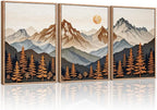 HLNIUC Large Boho Mountain Framed Canvas Wall Art Set,Woodcut Style Mountain Wall Decor,Vintage Forest Pine tree Art Prints,Nature Sunrise Landscape Wall Painting for Living Room,Bedroom - 16”x24”x3