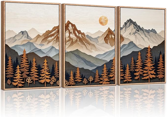 HLNIUC Large Boho Mountain Framed Canvas Wall Art Set,Woodcut Style Mountain Wall Decor,Vintage Forest Pine tree Art Prints,Nature Sunrise Landscape Wall Painting for Living Room,Bedroom - 16”x24”x3