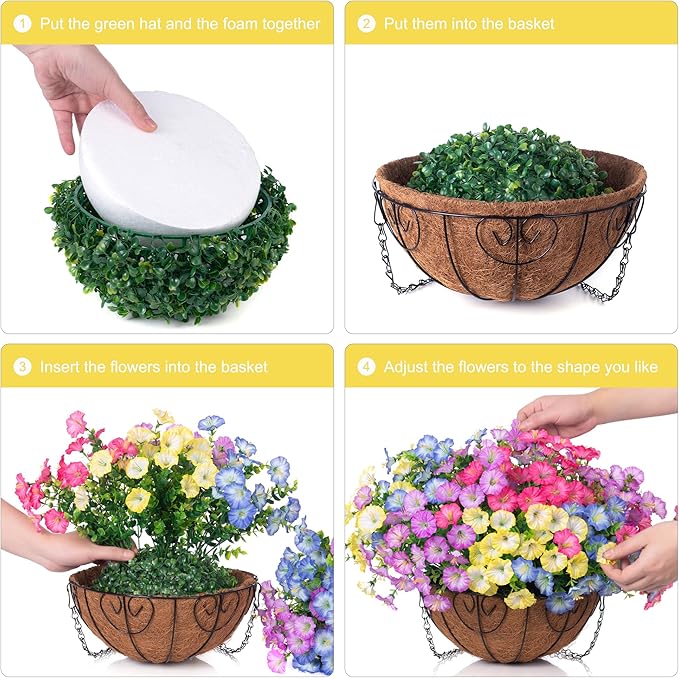 Artificial Faux Hanging Plants Flowers Basket for Outdoors Spring Summer Decoration, Silk Morning Glory Eucalyptus Look Real UV Resistant Fake Flowers for Porch Outside Patio Balcony Yard Home Garden