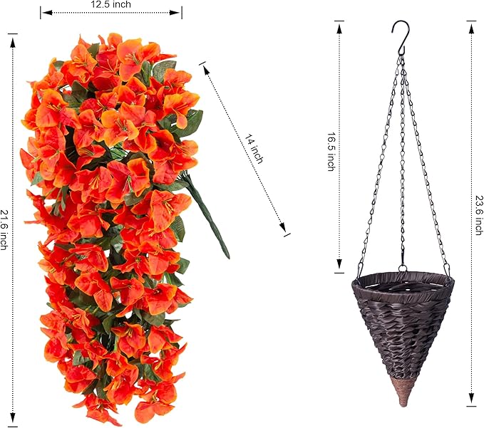 Bougainvillea Artificial Fall Flowers Fake Plants for Outdoors Autumn Decoration, 3PCS Faux Silk Hanging Trailing Vines with Baskets UV Resistant Realistic for Front Door Porch Patio Balcony, Orange