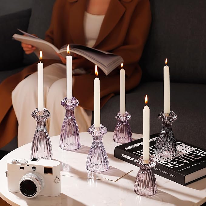 Lysenn Glass Candle Stick Holder Set of 3 – Premium Taper Candle Holders for Romantic Ambiance - Candle Sticks Holder Decor for Special Occasions - Purple