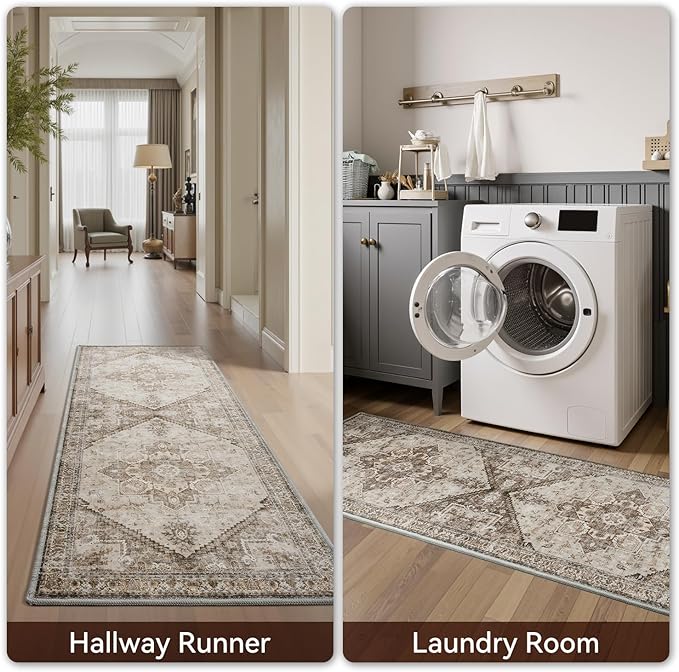 Runner 2x8 Runners for Hallways Runner-Rugs for Bedroom Soft Kitchen Machine Washable Vintage Oriental Floral Medallion Laundry Rug Non Slip Beige