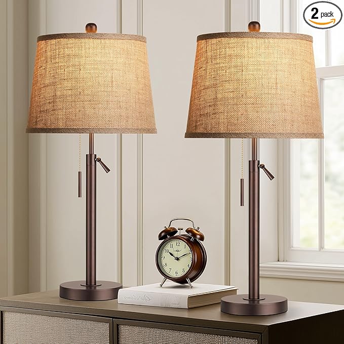 PARTPHONER Bedside Lamps Set of 2, Modern Table Lamps for Living Room, Height Adjustable Nightstand Lamps for Bedroom Office, End Table Lamps with Pull Chain(LED Bulbs Included), Oil Rubbed Bronze