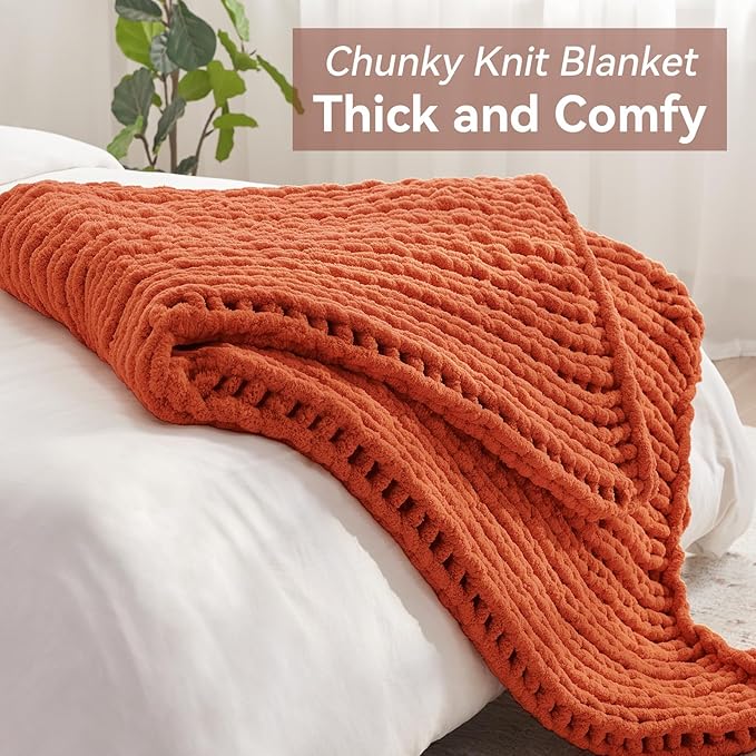 Chunky Knit Throw Blanket, 30''*40'' Knitted Throw Chenille Yarn for Bed Couch, Handmade Orange Crochet Big Thick Blanket, Machine Washable Cute Comfy Blanket for Home Decor