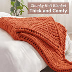 Chunky Knit Throw Blanket, 40''*50'' Knitted Throw Chenille Yarn for Bed Couch, Handmade Orange Crochet Big Thick Blanket, Machine Washable Cute Comfy Blanket for Home Decor