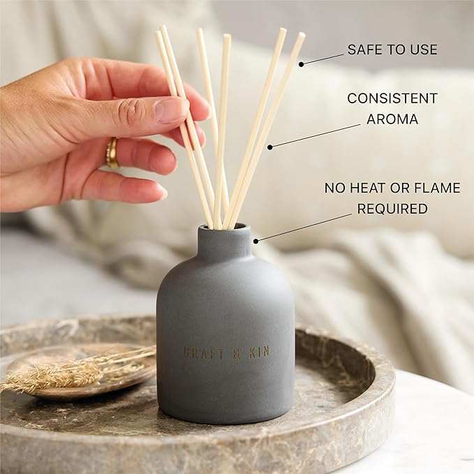 Craft & Kin Reed Diffuser for Home & Bathroom – Santal Woods Reed Diffuser Set with Fragrance Sticks, Long-Lasting Alcohol-Free Scent, Fall Earthenware Collection, 6.7oz