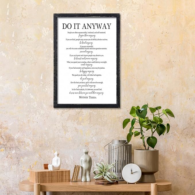 Do It Anyway Mother Teresa Wall Art Decor 16x11 Inch Wooden Framed Wall Hanging Sign (Black)