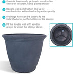 Sunnydaze 20-Inch Anjelica Large Plastic Pot for Plants - Outdoor Polyresin Round Planter with Drillable Drainage Holes - Slate