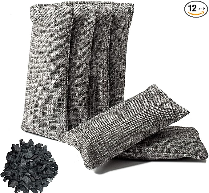 12 Packs Natural Air Purifying Bag, Shoe Deodorizer and Odor Eliminator, 100% Natural Activated Bamboo Charcoal Non-Toxic, (75g Each Pack)