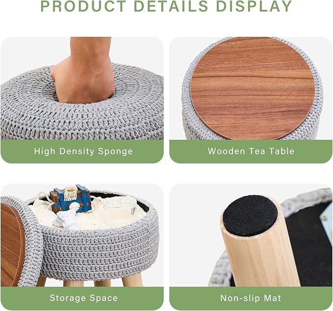 Wimarsbon Pouf Ottoman, 100% Cotton Knitted Boho Footstool, Round Footrest with Non-Skid Wood Legs, Home Décor Handmade Pouffe, Leisure Floor Step Stool for Living Room (Storage Grey)