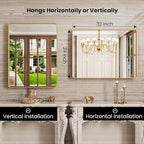 Gold Bathroom Mirror, 24x32 Inch Brushed Gold Metal Frame Mirror for Wall, Rounded Rectangle Bathroom Vanity Mirror, Tempered Glass, Anti-Rust, Horizontal/Vertical