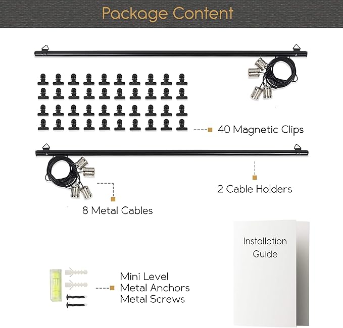 You Have Space 2 Pack Hanging Picture Display Photo Holders with Metal Cable Strings and 40 Magnetic Clips Metal Black