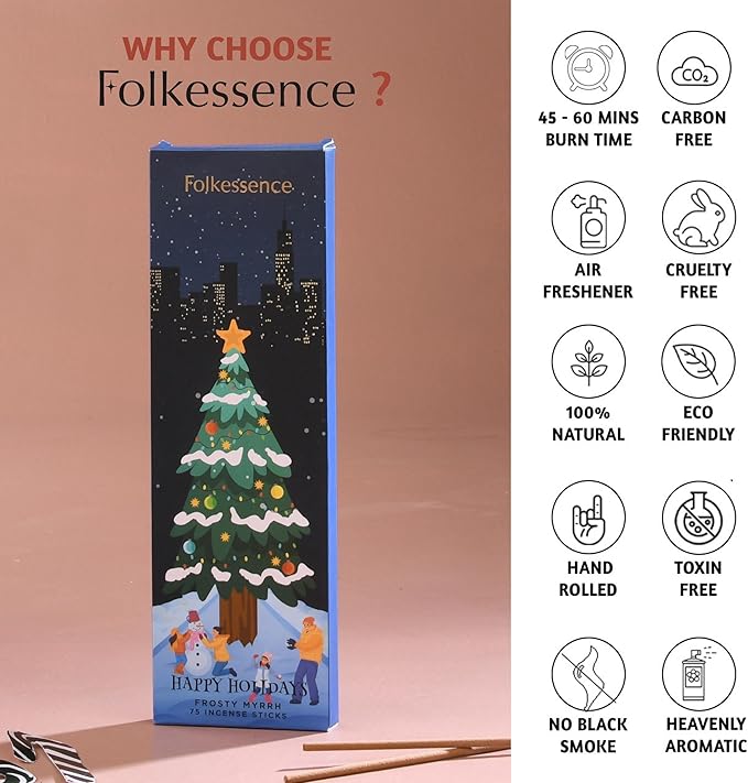 Folkulture Incense Sticks | Pack of 75 Natural and Non Toxic Incents for Meditation & Spiritual Practice at Home | Organic Aromatherapy Box Inscents-Sticks (Happy Holidays)